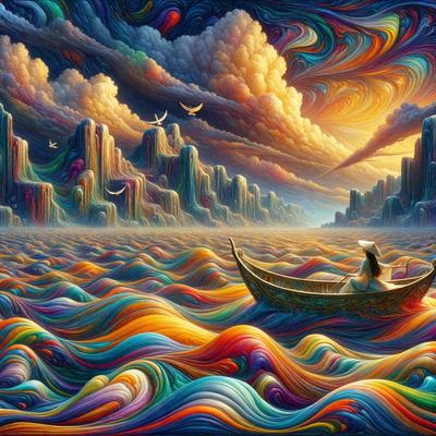 The primary subject of the image is a boat floating on a body of water, with a person sitting in it. The boat is surrounded by a vibrant and colorful landscape, featuring a mix of water, clouds, and a rainbow. The setting appears to be a painting or digital artwork, with a lively and cheerful atmosphere. The colors and mood of the image are predominantly bright and uplifting, creating a sense of joy and wonder.